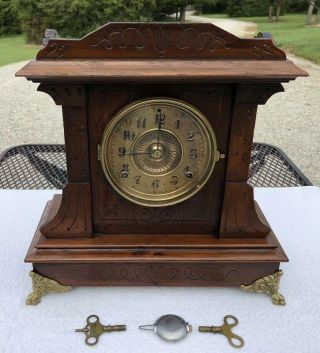 1890’s Antique Welch Mantel Shelf Bracket Clock Correctly In Walnut