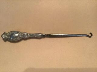 Vintage Sterling Silver Button Hook 7 1/2 Inch Floral Handle T51