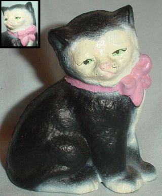 Cast Iron Black & White Painted Cat W Pink Bow Paperweight Figurine/3 "