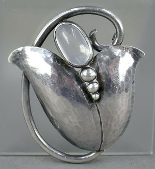 Fine Antique Arts & Crafts Sterling Silver Moonstone Georg Jensen Tulip Brooch 7