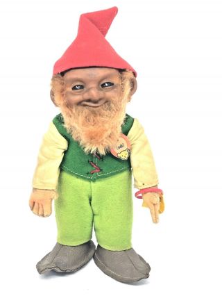 L12 Vintage Steiff Lucki Gnome Dwarf Doll Button And Flag