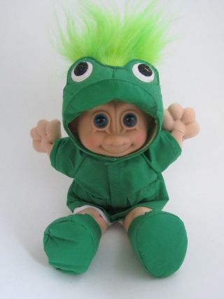 Vintage Russ Troll Doll 12 " Soft Plush Green Frog Raincoat Outfit Luck Gambling
