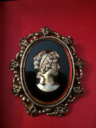 Vtg Antique Art Deco Black Glass Silhouette Lady Cameo Brooch Victorian Pin