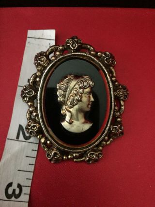Vtg Antique Art Deco Black Glass Silhouette Lady Cameo Brooch Victorian Pin 2