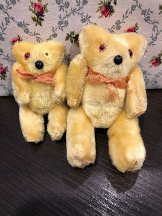 2 Vintage Mohair Miniature Teddy Bears With Jointed Arms & Legs Gold 3” & 4 1/2”