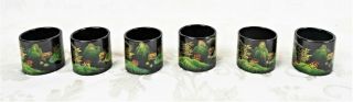 Set Of 6 Vintage Chinese Landscape Hand Painted Napkin Rings Lacquer Plastic