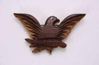 Carved Wood Spread Wings Eagle Pin Brooch W/ Glass Eyes Antique Vtg Hand Crafted