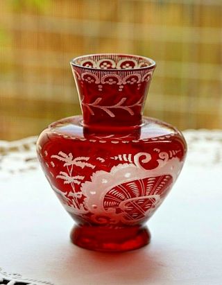 Bohemian Antique Egermann Ruby Cut To Clear Glass Vase