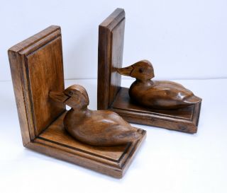 Delightful Vintage Carved Wooden Duck Bookends / Book Ends.  Bird Design
