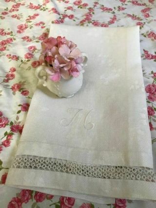 Romantic Antique Damask Linen & Tatted Lace Monogram M Lg.  Tea Towel