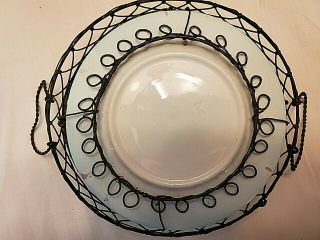 VICTORIAN CALLING CARD BASKET - ANTIQUE WIRE BASKET WITH CERAMIC PLATE 2