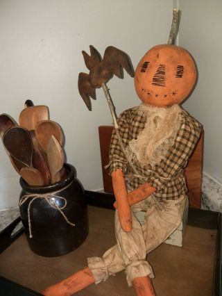 Primitive Orange Pumpkin Doll Holding Black Bat Harvest Fall Halloween