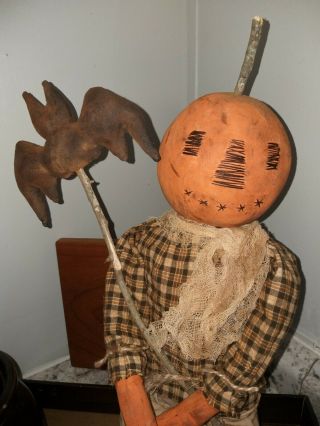 Primitive Orange Pumpkin Doll holding Black Bat Harvest Fall Halloween 2