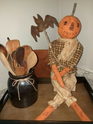 Primitive Orange Pumpkin Doll holding Black Bat Harvest Fall Halloween 3