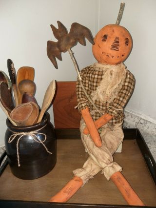 Primitive Orange Pumpkin Doll holding Black Bat Harvest Fall Halloween 4