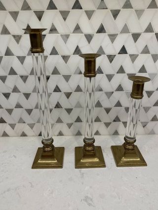 Vintage Brass & Acrylic Candle Stick Holders 13” 11” 9” Taper Candles Graduated