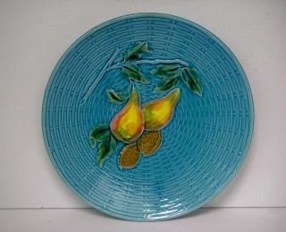 Antique Blue With Pears Fruit Basketweave 9 Inch Zell Germany Majolica Plate