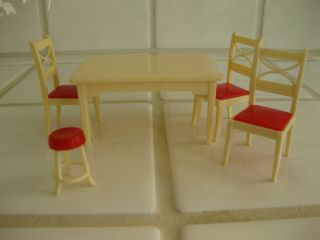 Vintage Renwal Doll House Furniture Kitchen Table,  3 Chairs & A Stool