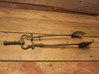 Antique Vintage Cast Iron Stove Coal Tongs Claw Fireplace Tool Primitive
