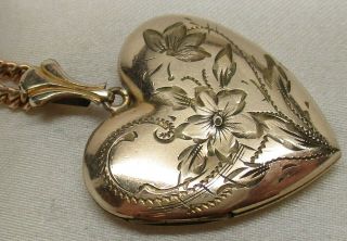 Antique 10k Gold Filled Art Deco Etched Flower Heart Locket Pendant & Necklace