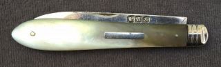 English Victorian Mother Of Pearl With Hallmarked Sterling Silver Pocket Knife B