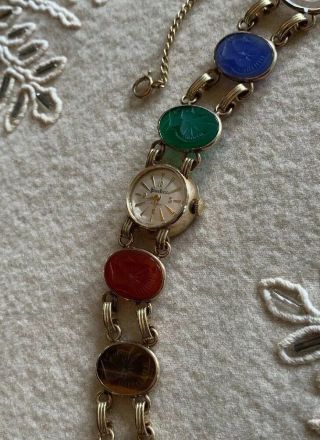 Vintage Neiman Marcus 17 Jewel Watch With Roman Natural Stone Band,  Runs