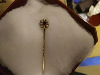 Antique Lovely 15 Carat Gold Sapphire And Pearl Stick / Tie Pin