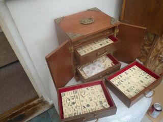 Lovely Chinese Antique Mahjong Set With Wood & Brass Cabinet Unusual Counters