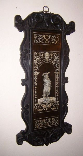 Antique Wood Carved Inlaid Figure Wall Plaque Ebony Musketeer And Scroll 24 X 11