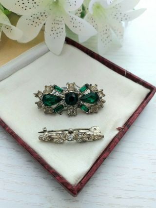 Vintage Antique Jewellery - 2 Deco Brooches With Green & Clear Paste Stones.  C1900.