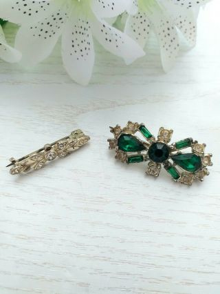 VINTAGE ANTIQUE JEWELLERY - 2 DECO BROOCHES WITH GREEN & CLEAR PASTE STONES.  c1900. 4