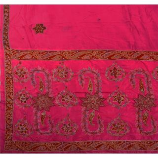 Tcw Vintage Saree 100 Pure Silk Hand Beaded Pink Craft Fabric Glass Sari 2