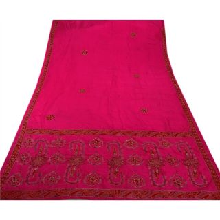 Tcw Vintage Saree 100 Pure Silk Hand Beaded Pink Craft Fabric Glass Sari 3