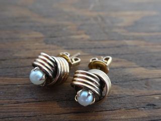 Antique 10k Yellow Gold Knot Pierced Earrings With Pearl Accent 2.  3 Grams