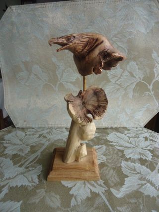 Mushrooms And Eagle Head Hand Carved Wood Figurine Sculpture