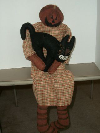 27 " Primitive Grungy Halloween Jol Sitting Pumpkin Girl Doll With Black Cat