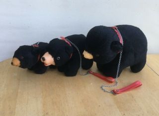 Vintage Plush MOTHER BEAR AND 2 BABY BEARS 1950’s Rubber Noses and Leashes 2