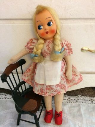 Vintage Polish Cloth Doll With Wooden Display Chair. 2