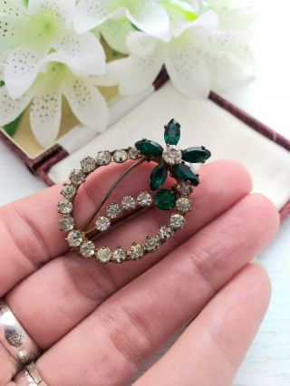 Antique Old Jewellery - Green Glass Flower Brooch Pin With Paste Stones.  C1930 