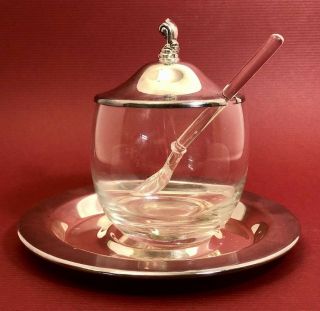 Wm A Rogers Oneida Silversmiths Glass Jam / Jelly Condiment Jar With Lid & Plate