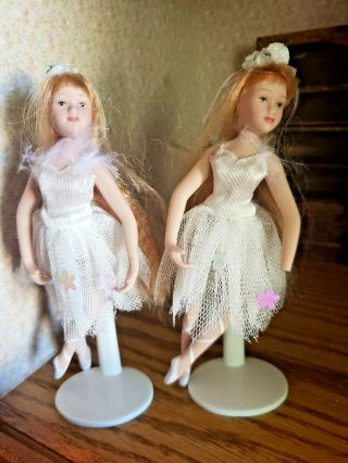 2 Vintage Ceramic Ballerina Miniature Dolls With 2 Stands