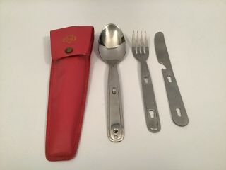 Vintage Girl Scout Silverware Imperial Fork Knife Spoon Set Red Case Utensils