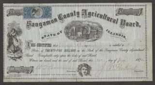 Antique Stock Certificate,  " Sangamon County Agricutural Board,  1872,  Art