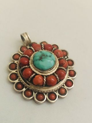 Antique Vintage Art Deco Sterling Silver Tibetan Coral Turquoise Pendant
