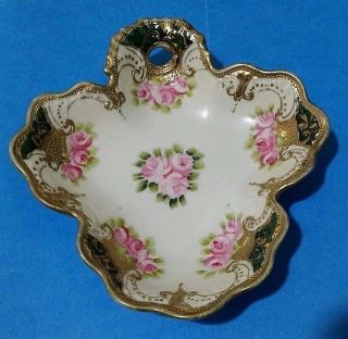 Antique Nippon Hand Painted Gold Moriage Beaded Candy Dish Maple Leaf Mark 1890s