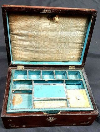 Lovely Antique Mahogany & Mother Of Pearl Inlaid Work Box,  Sewing Box C 1900