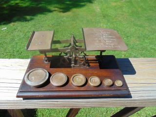 Antique English Brass Balance Postal Scale With 5 Weights