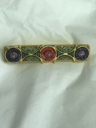 Colorful Antique Italian Micro Mosaic Inlaid Floral Bar Pin
