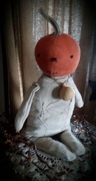 Primitive Pumpkin Doll W/ Real Dried Stem Harvest Fall Halloween