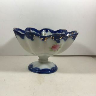 Vintage Hand Painted Porcelain Pedestal Blue Trim Floral Bowl